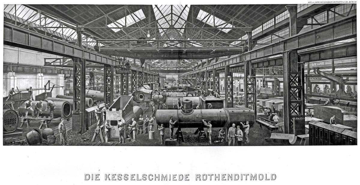 Die Kesselschmiede von Henschel vor gut 100 Jahren: Aus der Firmenchronik stammt diese Darstellung, die die riesigen Hallen für den Lokomotivbau zeigt. Henschel stieg bis zum Zweiten Weltkrieg zum größten Lokbauer Europas auf. © Repro:  Henschelmuseum